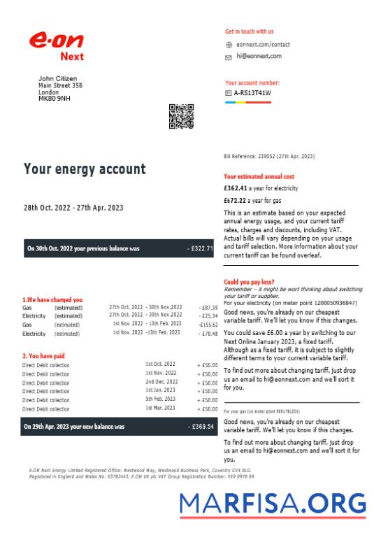 Downloadable United Kingdom Eon gas and electricity utility bill in Word and PDF formats, version 7 real example